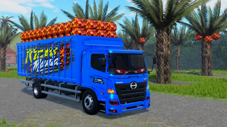 A blue cargo truck loaded with oil palm fruit beside palm trees in Truk Indonesia Mania